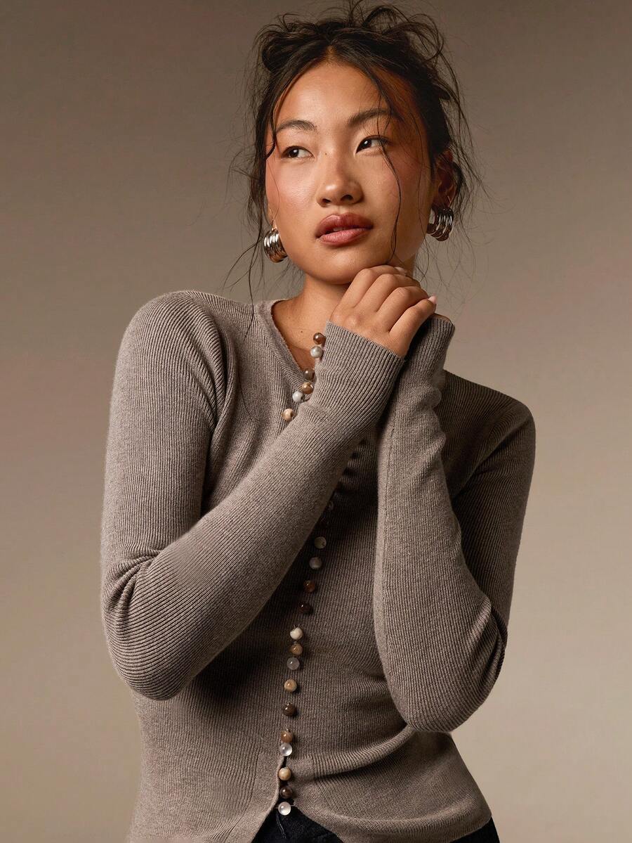 COSMINA Women's Casual Elegant Agate Button Light Brown Knit Top - Coffee Brown - View 1