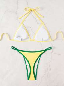 Sirith Bonvoyette Summer Beach Deep V Contrast Color Brazilian Element Sexy Bikini Swimwear Set - Green - View 3