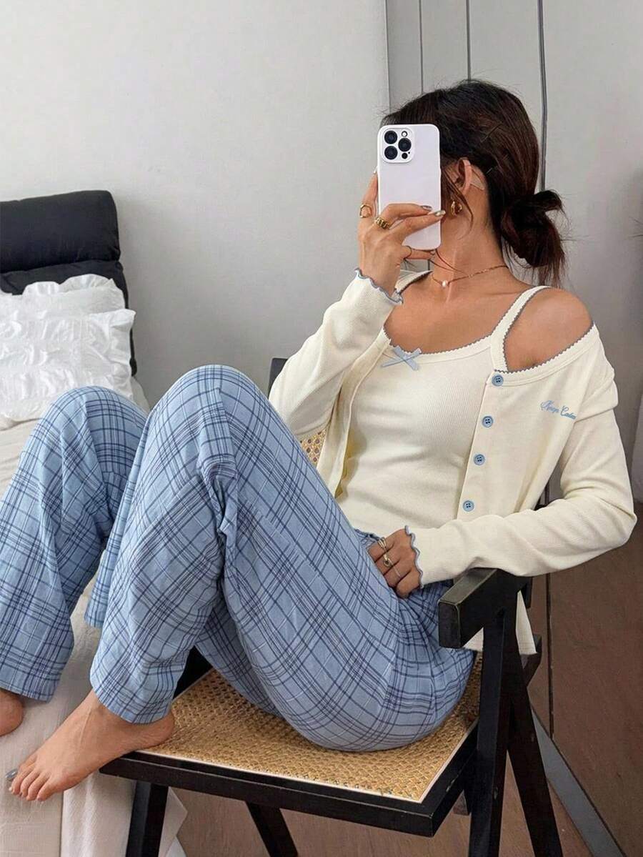 DAZY 3pcs Set Women's Pajama Set With Camisole, Short Jacket And Plaid Straight Leg Long Pants Fall - White - View 1