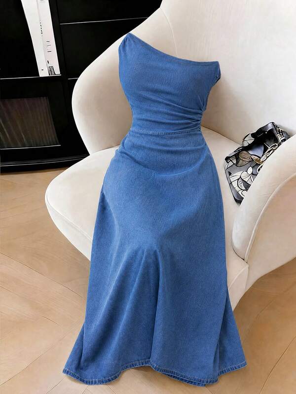 GlowEve CURVE Plus Size Summer Casual Asymmetrical Collar Denim Dress