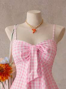 Swim Mod Conjunto de 2 piezas de ropa de playa para mujer primavera/verano, top de tirantes ajustables con lazo y braguita de bikini, estampado aleatorio de cuadros en tonos pastel multicolor, estilo moderno, lindo y sexy, para vacaciones, playa, piscina y fiesta - Multicolor - Ver 5
