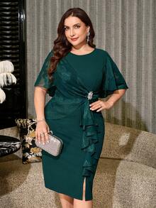 Reflora Plus Size Women's Elegant Dress, Asymmetrical Chiffon Patchwork, Dark Green, Summer Formal Wedding - Dark Green - View 7