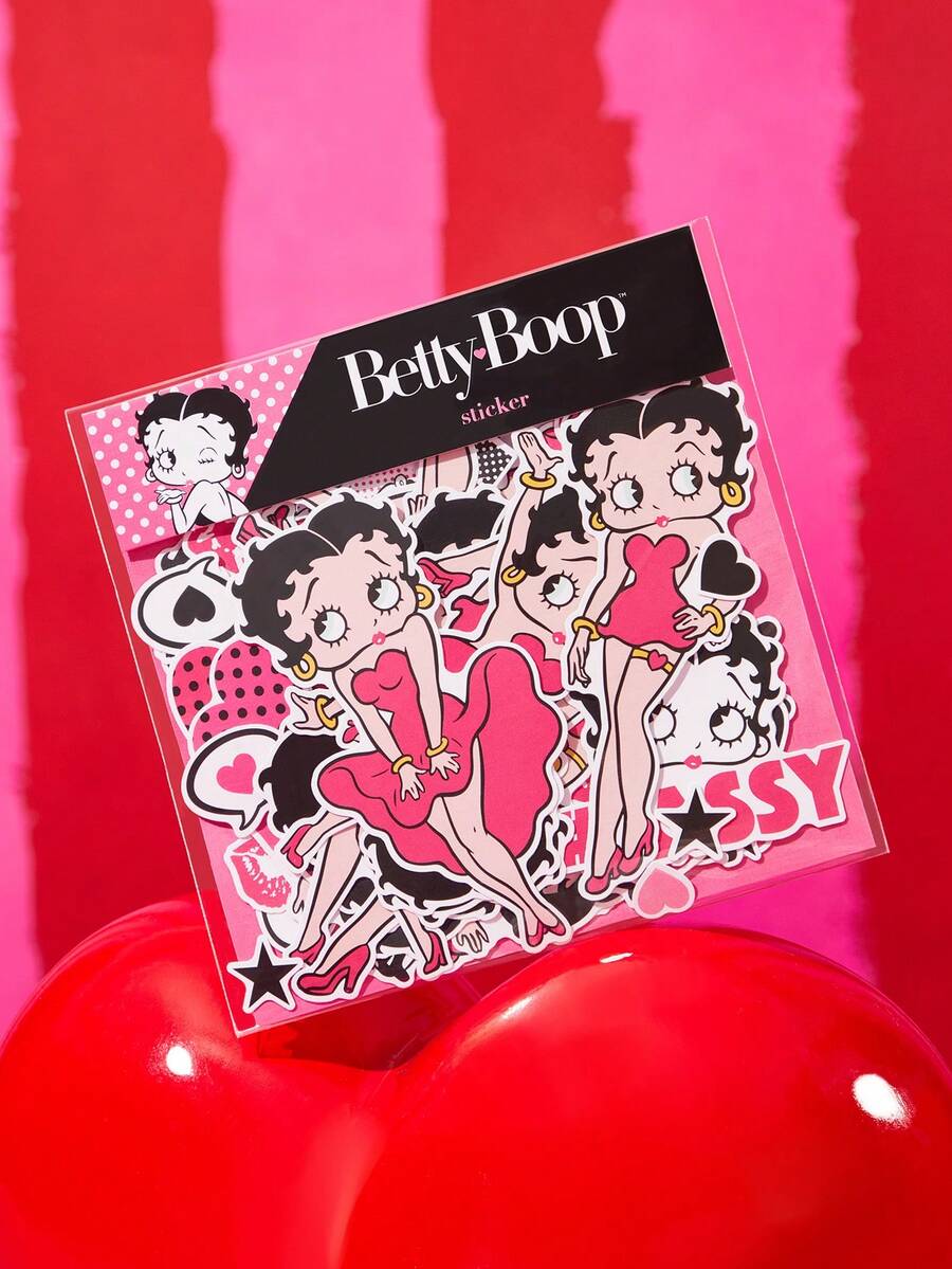 Betty Boop x SHEIN مجموعة ملصقات فتاة كرتونية عتيقة، مجموعة ملصقات مستوحاة من بيتي، ملصقات وردية وسوداء لأجهزة الكمبيوتر المحمولة وزجاجات المياه وألبومات الصور والحرف اليدوية - متعدد الألوان - مشاهدة 1