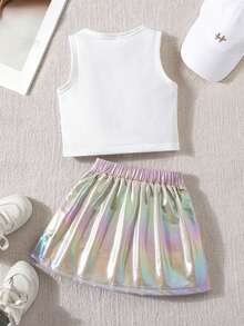 SHEIN Elladie kids 女童字母卡通臉印花背心上衣與雷射壓褶裙套裝 白色夏季款 - 彩色 - 查看 2