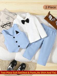 SHEIN Baby Boy 2 Pieces Formal Gentleman Outfit,Blue Summer Elegant Wedding Clothes,Solid Color Vest And Pants Set For Birthday Performance,Christmas,6M-3Y - Blue - View 1