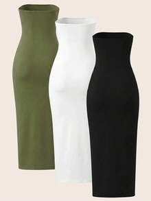 SHEIN BASICS 女款休閒性感派對夜店外出旅行中長度平口洋裝三件套 橄欖綠 白色 黑色 夏季 - 彩色 - 查看 7