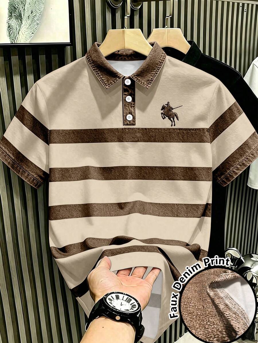 Manfinity Hypemode 復古丹寧風藍白拼色條紋 Polo 衫,印有馬標誌,藝術感短袖上衣,男女款圖案 T 恤,夏季日常休閒百搭上衣 - 彩色 - 查看 1