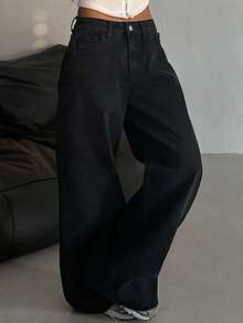 DAZY Celana Jeans Wanita Polos dengan Kancing Depan dan Saku, Model Kasual untuk Sehari-hari, Gaya Y2k - Hitam - View 2