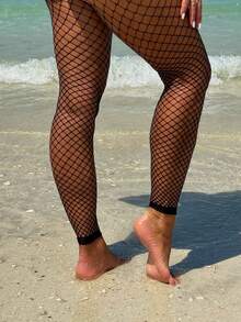 Swim SXY Summer Beach Women Mesh Hollow Out Fishnet Cover-Up Pants Fishnet Tights - Black - View 3