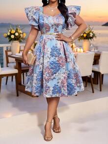 Fleurora Plus Size Women's Jacquard Pleated Fashion Date Formal Christening Guest Summer Dress Wedding Sky Blue Elegant Wedding Wedding - Blue - View 5