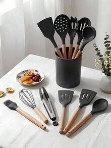 Haus Hana Silicone Cookware Set, 12 Large Heat-Resistant Kitchen Utensils, Turner Pliers, Spatula, Spoon, Wooden Handle Kitchen Small Tool, With Anti Stick Cookware Holder - Dark Grey - View 1
