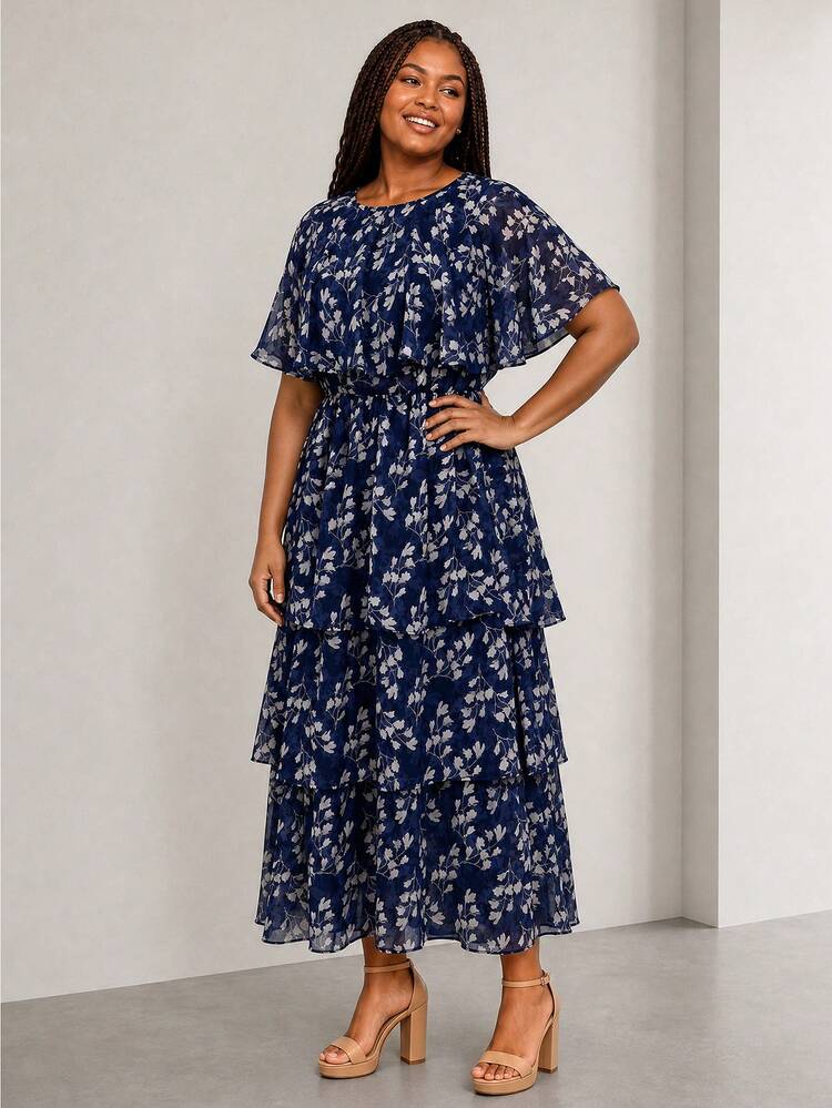 dark blue flowy dress ELLERISSA Curve Plus Size Navy Floral Midi Dress,Elegant Capelet Overlay Tiered Chiffon Summer Boho Vacation Holiday For Women Simple Strapless A-line Wedding 11/23 style seaming Size:9 US (26 MX)