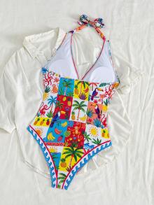 Swim Vcay 女款椰子印花掛脖式連身泳衣，適合海灘度假、泳池派對、海灘派對 - 彩色 - 查看 2