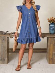 EMERY ROSE Vestido de mezclilla versátil y de moda con cuello en V, botones y bajo con volantes - Azul - Ver 4
