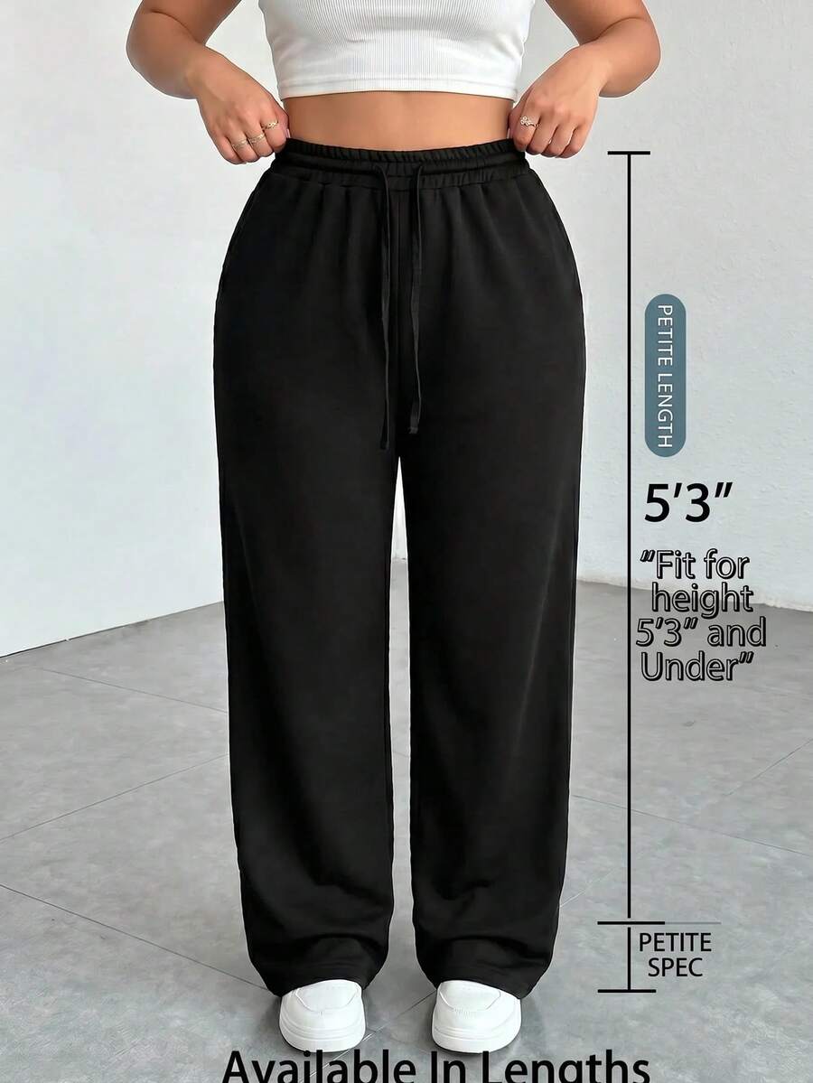 SHEIN PETITE CURVE Plus Size Comfortable Casual Solid Color Knit Wide Leg Women's Sweatpants - Black - View 1