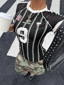 Muchica Women's Street Fashion Digital Black And White Striped Print Colorblock Round Neck Slim Fit T-Shirt School Casual Sports Streetwear Graphic Tee Top - Black - View 6