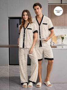CoupledUp Men's Floral Print Patchwork Solid Color Contrast Short Sleeve Shorts Loungewear Set Lounge Home White Summer Baggy - Multicolor - View 4
