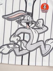 LOONEY TUNES X SHEIN 1件趣味運動風小男孩條紋卡通印花圓領短袖T恤 - 黑與白 - 查看 5