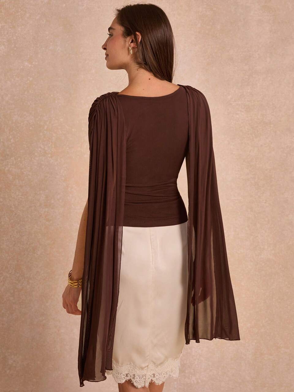 Enchnt Premium Pre-Autumn Romantic Maturity Women's Elegant Dark Brown Fashion Ruched Fitted Shawl Top, Casual, Work Dinner Date Night, Social Blouse, Formal
