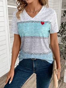 EMERY ROSE V-Neck Color Block Short Sleeve T-Shirt Graphic Tees Women Tops - Multicolor - View 6