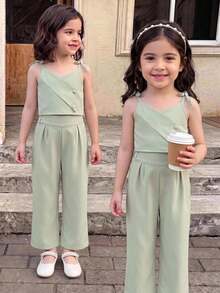 SHEIN Elladie kids 女童時尚蝴蝶結西裝背心與西裝長褲2件套，適合日常穿著、度假、夏季 - 薄荷綠 - 查看 7