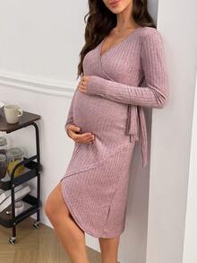Moonlight&Mama Fashionable Light Purple Knit Chunky Rib V-Neck Slim Fit Maternity Nightgown - Mauve Purple - View 3
