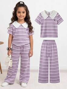 SHEIN Back-To-School 2pcs/Set Girls' Knit Pink White Coffee Striped Short Sleeve Shirt Collar Pullover T-Shirt,Knit Wide Leg Long Pants Set,American Casual - Purple - View 3