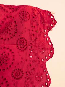 LOTSLUV Women's Summer Casual Romantic Elegant Commute Garden Date Night Out Brunch Party Red Floral Checke Fabric Embroide Hollow Ruffle Dress Wedding - Redwood - View 8