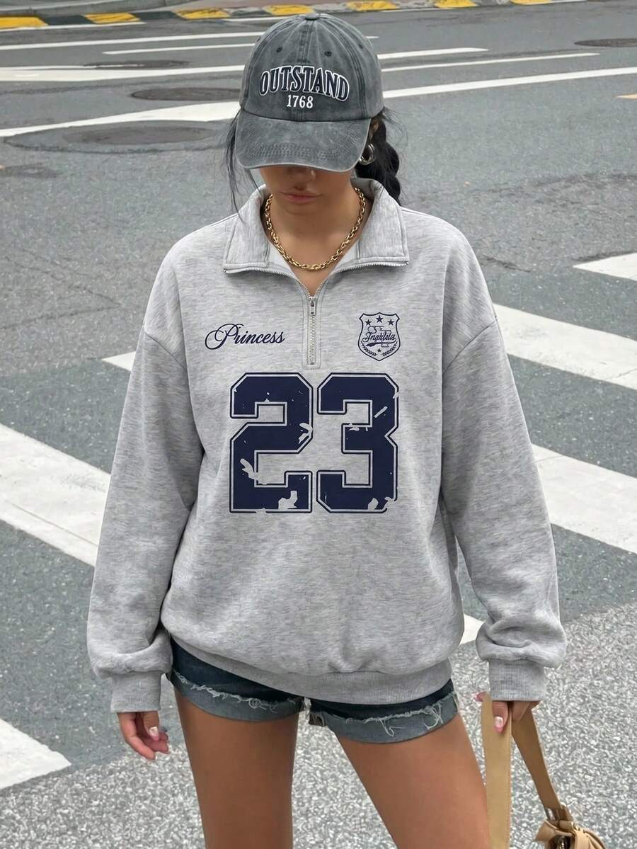 SHEIN EZwear 女士返校季复古图案23号，复古秋季假日宽松半拉链高领抓绒卫衣，适合秋冬季穿着 - 白色 - 查看 1