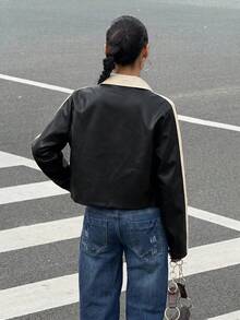 SHEIN EZwear 秋冬拼色PU皮革防風夾克 - 深灰色 - 查看 2