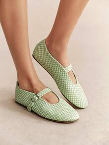Rosivie Zapatos Mary Jane tejidos franceses, punta redonda con suela plana, estilo retro para uso diario y desplazamientos, zapatos de mujer con vampo bajo - Verde claro - Ver 9