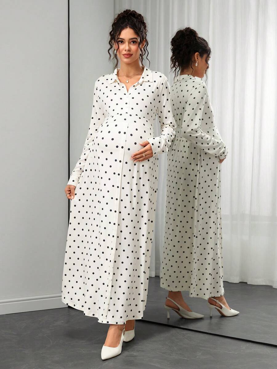 SHEIN Elegant Maternity Polka Dot Print Maternity Commuter Dress Autumn Photoshoot Baby Shower - Apricot - View 1