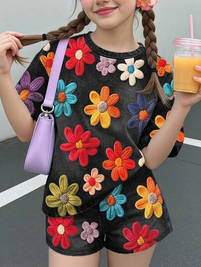兒童青少年女孩休閒可愛紋理碎花、全黑牛仔、花卉田園風圓領短袖T恤寬鬆短褲兩件套，夏季