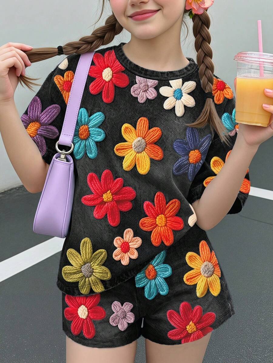 Conjunto de 2 piezas para niña preadolescente, camiseta de manga corta con cuello redondo y shorts holgados, estilo casual y lindo, con textura y estampado floral menudo, todo negro, floral campestre, para verano - Multicolor - Ver 1