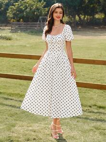 Vintamour Robe à pois imprimés doux à la française avec fronces et nœud pour femmes - Blanc - Voir 6