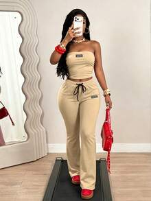 BamGleam Women's Denim Ruched Bandeau Top And Long Pants Casual Athleisure Daily Workout Active 2 Pieces Set Workout Active Tan Summer Tan - Khaki - View 5