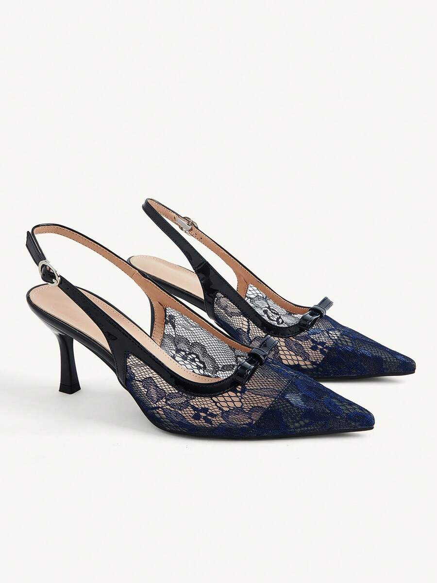 CUCCOO CHICEST French Lace Pointed Toe Slingback High Heels 2026 Spring And Summer New Bow Kitten Heel Sandals Women - ink blue - View 1