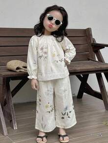 Dazy Kids 女童秋季圓領滿版印花無袖上衣＋長褲 梭織春夏兩件套 - 米色 - 查看 1