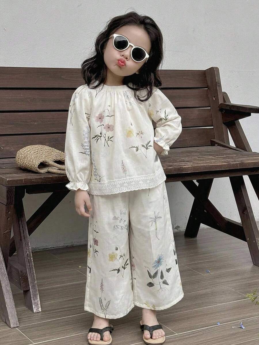 Dazy Kids 女童秋季圓領滿版印花無袖上衣+長褲 梭織春夏兩件套 - 米色 - 查看 1
