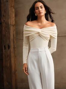 Anewsta Premium Sexy Off-Shoulder Knot One-Piece Swimsuit Bikini Set For Women, Summer Beach Vacation Bodysuit - Beige - View 3