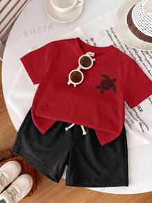Ensemble d'été décontracté minimaliste pour jeune garçon, t-shirt blanc col rond à manches courtes avec imprimé dos oversize motif tortue de mer dessin animé style vacances, palette de couleurs bleu océan, bord de mer, motif lettres, short bleu, convient pour l'été - Multicolore - Voir 7