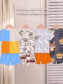 Random 4 Sets Get 2 Set,Cute Animal Pattern,  Letter Pattern Printed Crew Neck T-Shirt Matched With Same Print Shorts - Multicolor - View 2