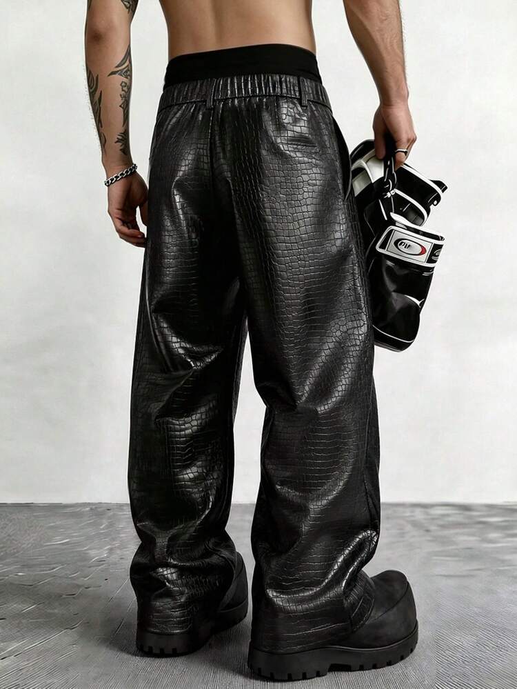 PAVTROS Men's Fashion PU Material Button Pocket Long Pants Music Festival Bar - Black - View 2