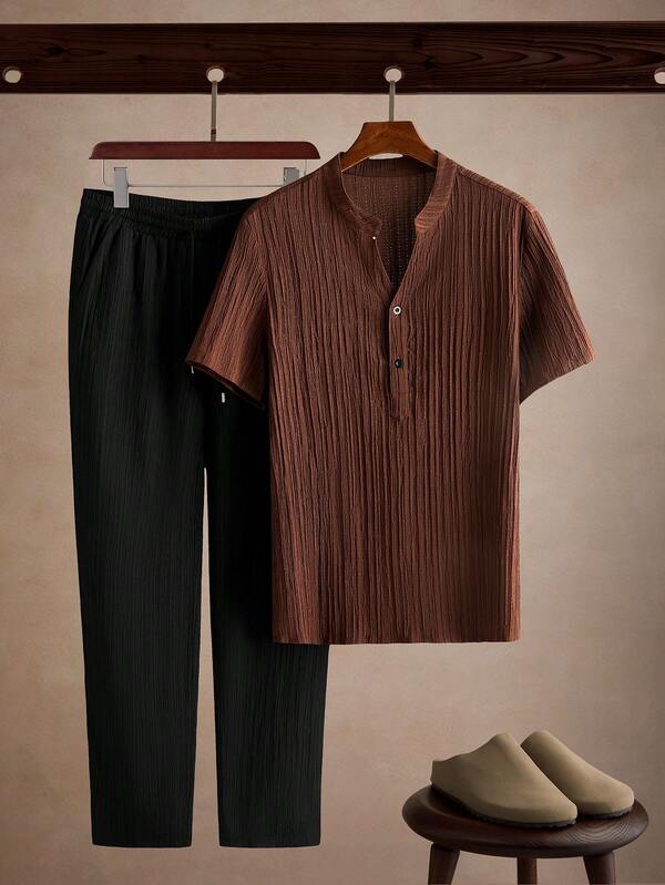 Core Aspect Men's Casual Two Pieces Set With A Henley Collar Shirt And Slant Pocket Trousers, Vintage Style For E