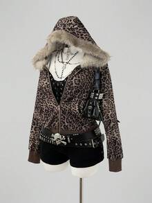Sunspun Fashionable Leopard Print Fur Collar Slim Fit Long Sleeve Sweatshirt Winter - Brown - View 4