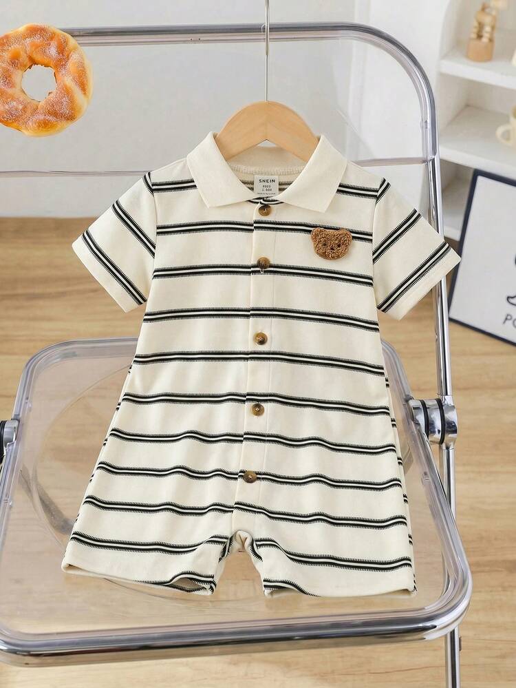 Newborn Baby Boy Black And White Striped Summer Romper,Cute Knitted Short Sleeve Casual Toddler Jumpsuit For Family Matching Birthday Party Baptism - Black and White - View 6