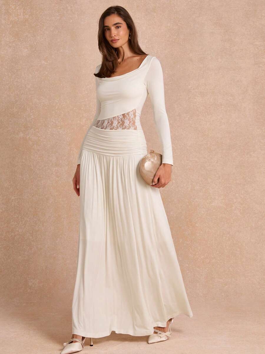 Enchnt Women's Elegant Long Sleeve Contrast Lace Knit Dress - White - View 1