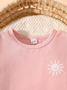 SHEIN Playful Pals 2件套嬰兒/幼兒女童甜美優雅可愛風春夏新款 粉色小太陽圖案圓領短袖上衣 + 粉白條紋長褲，柔軟舒適面料，適合日常穿著或戶外活動 - 粉色 - 查看 7