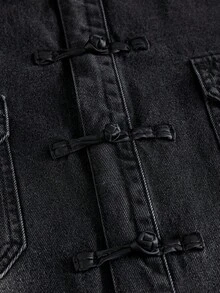 AXEPEAK Men's Washed Denim Jacket With Vintage Color-Block Design And Chinese Style Frog Buttons - Black - View 6