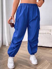 Flirla Celana Kargo Kasual Ukuran Besar Warna Polos dengan Lipatan di Bagian Bawah untuk Musim Gugur - Royal Blue - View 6